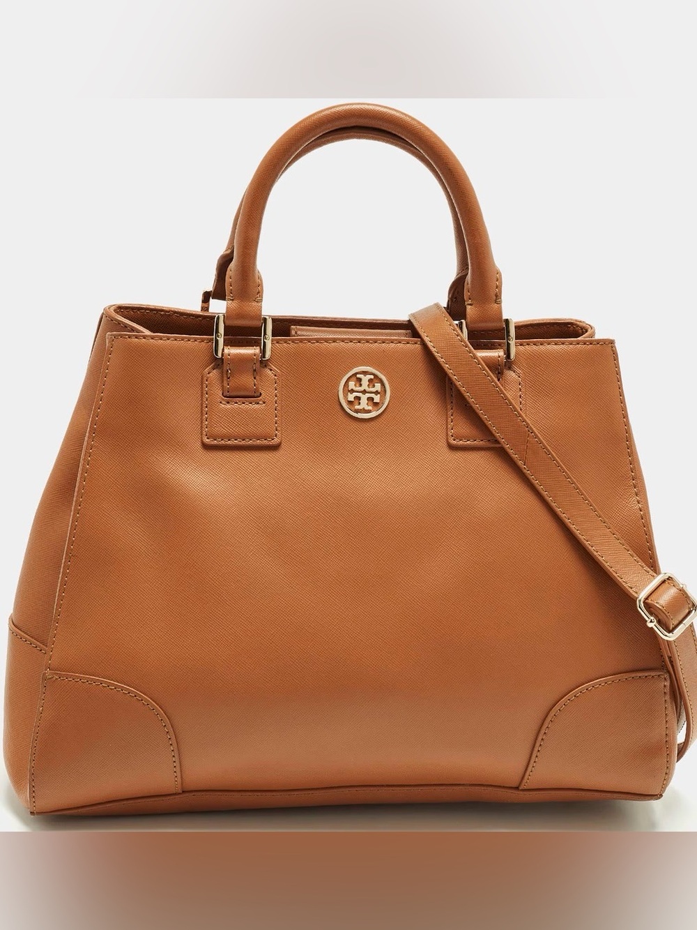 Tory Burch Camel/Tan Leather Top-Handle Satchel with Gold Logo